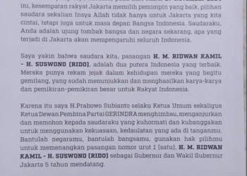 Lagi, Prabowo Keluarkan Surat Dukungan untuk RK-Suswono