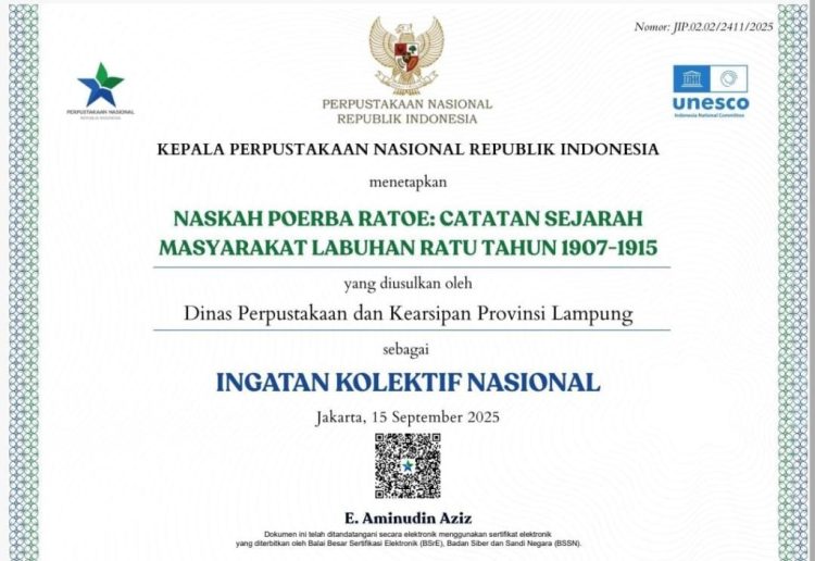 Dua Naskah Kuno Asal Lampung Raih Sertifikat IKON 2025 dari Perpustakaan Nasional RI, Bukti Kejayaan Literasi Nusantara