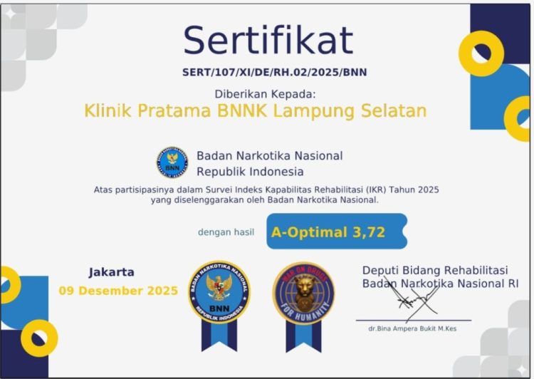 BNNK Lampung Selatan Raih Penghargaan Prestisius, Bukti Dedikasi Tinggi dalam Pelayanan Rehabilitasi Narkoba