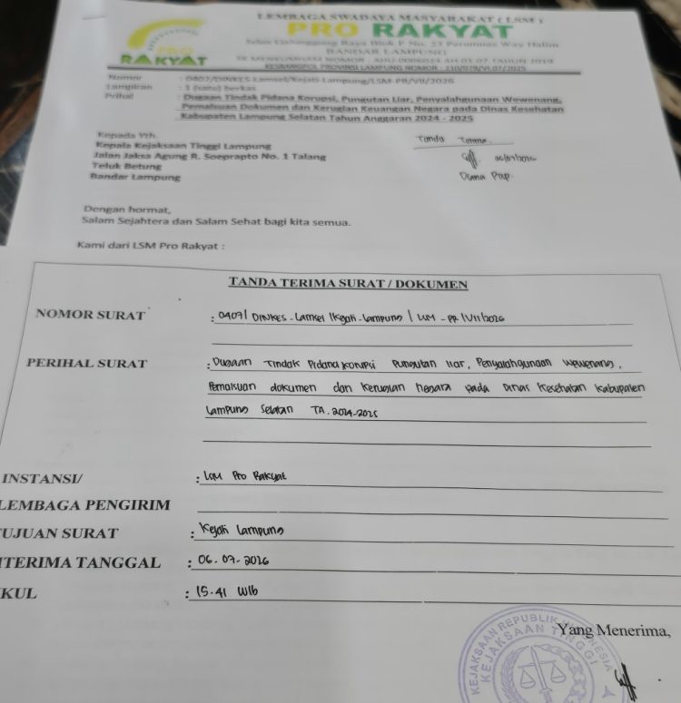 Kejati Lampung Terima Laporan Dugaan Korupsi di Dinas Kesehatan Lampung Selatan