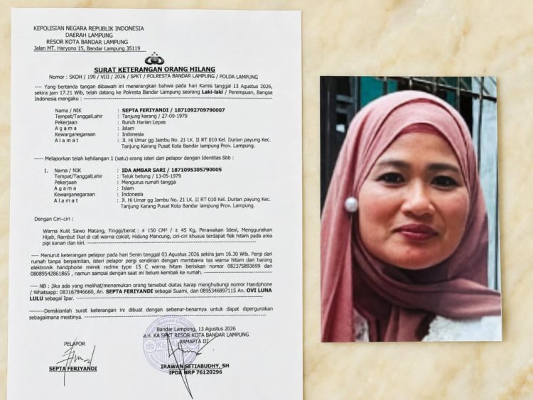 Ida Ambar Sari Dilaporkan Hilang, Keluarga Minta Bantuan Warga Bandar Lampung